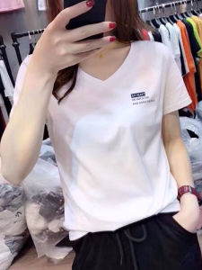 Womens Loose Fit Cotton V-Neck Short Sleeve T-Shirt Half Sleeve Base Shirt Commute Style Korean Fashion Summer Trend