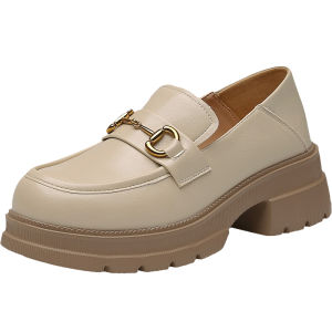 DUSTO Thick Heel Womens Slip-On Loafers White Versatile British Style Fashionable Casual round Toe PU Leather Ankle Straps