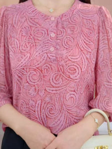 Silver Spraying Process Slim Fit Shirt Spring Summer Fashionable Print Seven Sleeve Pink Cherry Blossom Womens Polyester Blouse