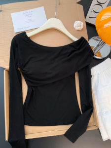 GUZILIAN | Asymmetric Short Off-shoulder Tunic Slim Fit Long Sleeve T-shirt
