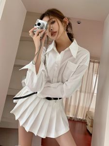 Spring 2024 Womens Loose Fit Long Sleeve White Shirt Stand Collar Casual Design Versatile Top Quality Pure Cotton Commute Style