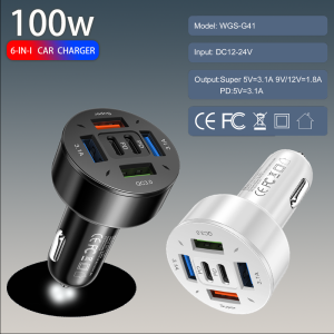 100W 6 Ports Car Charger Fast Charging PD QC3.0 USB C Car Phone Charger Type C Adapter in Car For iPhone Samsung Huawei Xiaomi