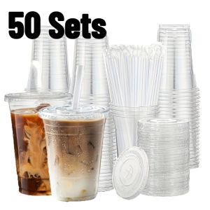 50PCS Disposable Plastic Cups with Lids Straw Milk Tea Cups Gathering Party Travel Drinking Smoothie Coffee Daily Beverage Set
