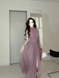 VKSOD | Elegant Purple Neckline Dress Womens Summer New Style A-Line Long Skirt Slimming High Waist Zipper Backless Fashionable Gown