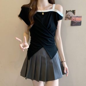 Off-shoulder Asymmetrical Hem Short Sleeve Blouse