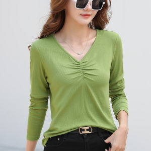 V Neck Long Sleeves T-Shirt Female 2024 Spring Loose Slimming Thin Western Style Shirt Thread Pure Color Pleated Tops
