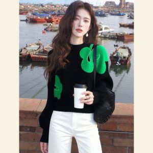 SHANGSHA | Spring Fashion Unique Soft Lazy Style Black Patterned Knitted Sweater