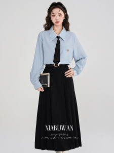 ชุดกระโปรงสองชิ้นสไตล์วิทยาลัยสำหรับผู้หญิง ฤดูใบไม้ร่วง/ฤดูหนาว ชุดทำงาน กระโปรงสั้น แขนยาว คอโปโล ชุดทำงานสไตล์ฝรั่งเศส