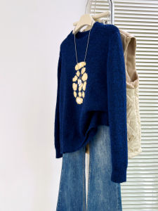 QINGNAER | Laid-back Style Blue Patterned Sweater