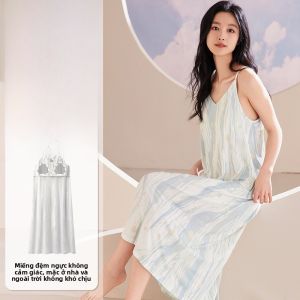 MiiOW | Váy ngủ lụa băng mỏng mùa hè cho nữ có đệm ngực Váy ngủ dài tay không tay thoáng khí thoải mái mặc nhà