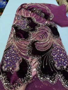 High Quality African Velvet Lace With Sequins 5Yards Embroidery Nigerian French Tulle Net Lace Fabric For Wedding Dress AT3039-A
