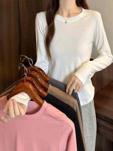 Girls Pure Cotton Long Sleeve Base Shirt Waist Inward T-Shirt Casual Loose Fit Short Length round Neck Classic Pattern Textile
