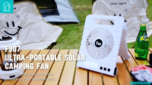 WeHome Solar Electric Fan with LED Light Rechargeable PowerBank 4-Speed Portable Fan for Camping & Home Use