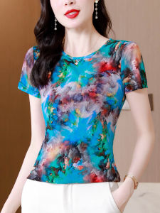 Lace Short Sleeve T-Shirt Womens plus Size Summer round Neck Slimming Fashionable Printed Mesh Top Korean Style Commute