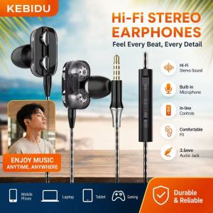 Universal 3.5mm In-Ear Earphones Wired Headphones with Volume Control HiFi Stereo Dual Driver Bass Earbuds with Clear Mic for Mobile Phone Tablet PC
