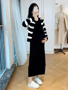 Mới Dệt Kim Áo Khoác Cardigan Áo Khoác Bộ Hai Món Mùa Xuân Mùa Thu Cỡ Lớn Rủ Cảm Giác Đồ Bà Bầu Đầm Thời Trang Mẹ Chân Váy Chữ A