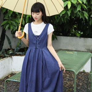 Muir2023ss ผู้หญิง Vintage High เอว ผ้าฝ้าย เดนิม เดรส พร้อมสายสะพายล้างบริสุทธิ์ ผ้าฝ้าย กระโปรงทรงเอ ยาว แขนกุด ชุดราตรี