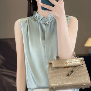 เสื้อคอปกสูงครึ่งตัวไหมอะซิเตท แขนกุด ขอบลูกไม้ สำหรับผู้หญิง เสื้อชั้นในฤดูใบไม้ร่วง แขนกุด คอปกสูงครึ่งตัว แขนกุด