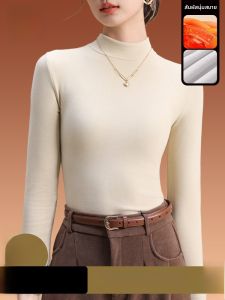 MiiOW | เสื้อชั้นในสตรีแขนยาวทรงสลิมฟิตคอปกต่ำฤดูใบไม้ร่วง/ฤดูหนาว สีขาว เสื้อผ้าทำงานสไตล์เกาหลี ผ้าถัก ผ้าฝ้ายผสมโพลีเอสเตอร์