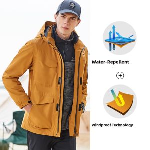 Jeep | Jeep Outdoor Mens Lightweight Waterproof Breathable Windproof Fleece Lined Detachable Hooded Hiking Jacket Spring Autumn