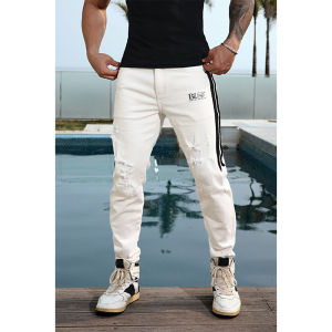 Bluesfly Mens Slim Fit Jeans Summer Trendy American High Street Low Waist Long Pants Breathable Hole Design in Straw Color