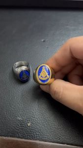 【OGDA】 Blue Gold Plated Mason Rings Aesthetic for Men Stainless Steel Fashion Masonic Accessories for Men Style High Quality Women Size 7-13 Rings for Couple Original Lucky Charm Jewelry A394