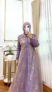Baju Gamis Wanita Kondangan Viral 2024 Nadya Dress Ceruty Babydoll Mix Brukat Motif Bunga Cantik