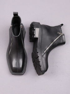 Happy Fox Chelsea Boots for Men with Martin-style Black High-top Leather Boots with Thick Sole and Square Head Closure