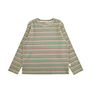 Soft Knitted round Neck T-Shirt for Girls Spring Casual Comfortable Long Sleeve Cotton Blend Fresh Stripe Design Trendy Top