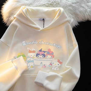 Sanrio Hoodie Girls Cotton Fleece Autumn Winter Kids Clothing Cartoon Print Long Sleeve Sweatshirt with Hat Warm Versatile Outerwear