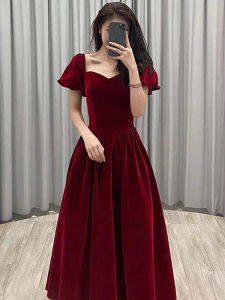 Velvet Wedding Dress Luxury Engagement Gown Bride Elegant Long Evening Gown Korean Style Short Sleeve Belted Fit for Party