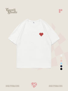 เสื้อยืดแขนสั้นสีขาว Guozii สำหรับผู้หญิง ดีไซน์เก๋ไก๋ ลายหัวใจ คู่รัก ลำลอง ฤดูร้อน คอกลม ทรงหลวม 100% คอตตอน