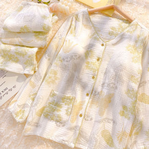 Cotton Gauze Pajamas Womens Belt Chest Pad Spring and Autumn Home Wear Pure Cotton Long sleeve Double-layer Cotton Yarn Sweet Summer Can Be Worn outside