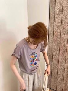 Áo Thun Nữ Tay Ngắn Dáng Rộng Màu Xanh Nhạt Tay Lửng Thiết Kế Tay Lửng in Họa Tiết Hoạt Hình Mùa Hè Phong Cách Mới Thoải Mái Đa Năng