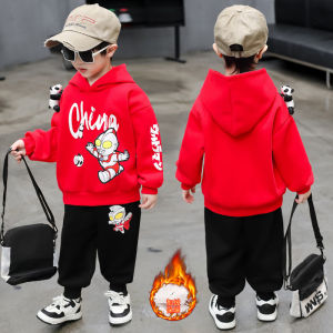 Autumn Winter Fleece Lined Sweatshirt Set for Boys Cute Cartoon Design Two Piece Fashionable Clothes for Childrens New Year Visit