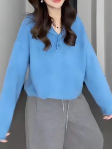 plus Size Womens Blue Hoodie Sweatshirt Loose Knitted Inner Wear White Enhancing Autumn New Style Comfortable Slimming Top