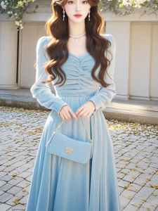 Elegant Blue Velvet Long Dress Womens Autumn Fashion High Waist A-Line Skirt Style Commute Friendly Classic Sleeve Dress