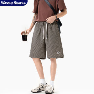 Quần Short Nam Mùa Hè WASSUP SHARK Ống Đứng Thêu Họa Tiết Kẻ Caro Quần Ống Rộng Cạp Vừa Dài Năm Inch Thời Trang