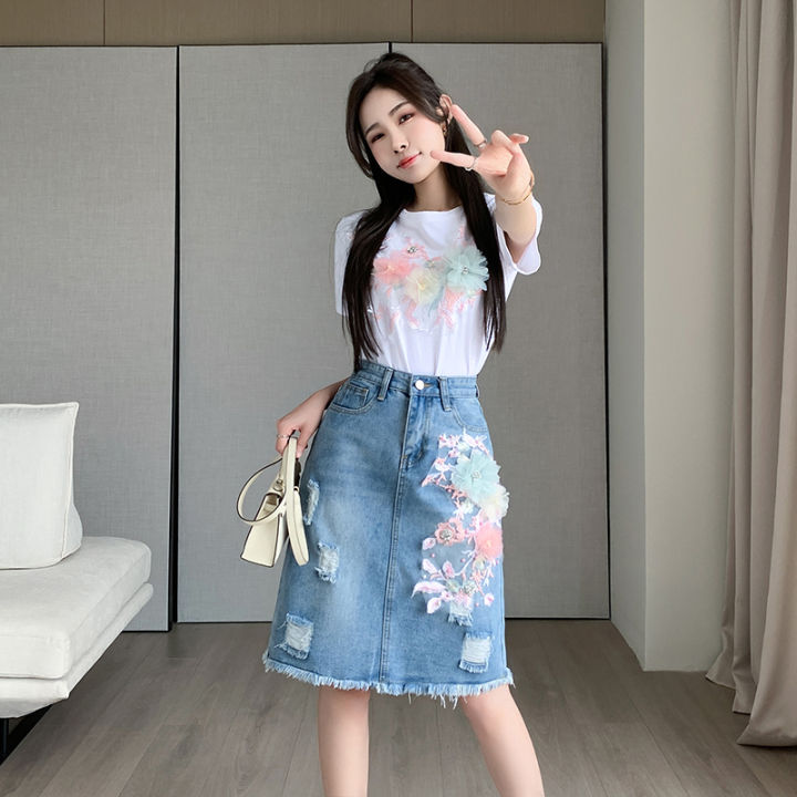 Impression Fashion Women Elegant 3D floral Beading O neck Short Sleeve T shirt with Denim High Waist Midi Skirt 2 Pcs Suit Lazada PH