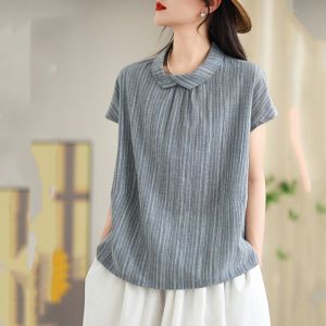 Artistic Style Lapel Loose Pure Color Cotton and Linen Short-Sleeved Shirt Womens Summer New Arrival Classy Linen Shirt Slim Looking Tops