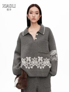 Spring Autumn Gray Lace Embroidery Loose Cardigan Sweater