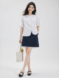 White Summer Short Sleeve French Style Shirt for Women