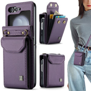 เคสโทรศัพท์มือถือ Samsung Z Flip6 แบบสะพายข้างพร้อมกระเป๋าใส่บัตรพร้อมสายรัด ช่องใส่บัตรหลายช่อง หนังแท้แบบพับได้ รุ่นใหม่