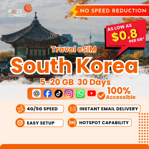 South Korea eSIM | 5-20GB High Speed | 30 Days Data Plan | Raize Connect