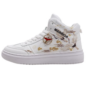 Warrior High Top Board Shoes Mens Sporty Casual Sneakers Couples Hand-painted Crane Pattern Rubber Outsole Breathable PU Upper