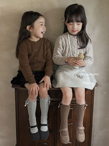 ถุงเท้าเด็กผ้าฝ้ายแท้ ถุงเท้าผู้หญิงฤดูใบไม้ผลิและฤดูใบไม้ร่วง ถุงเท้าครึ่งแข้งผูกโบว์ลายผีเสื้อ สีสันสดใส ถุงเท้าเด็กผู้หญิง