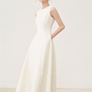 Womens Summer France Style Elegant A-line Empire Waist Dress O-neck Sleeveless Solid Color Simple Female Frock Dress