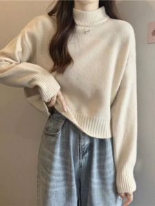 French Style Short Thickened Sweater Womens Autumn Winter Half High Collar Knittedwear Easy to Wear Soft Nourishing Female Fashion