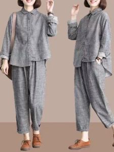 Spring Fashion Casual Womens Stripe Set plus Size Conceal Meat Two-Piece Suit Slimming Stylish Ensemble Chinese Brand