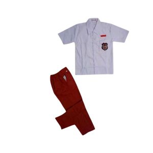 setelan lengkap seragam merah putih Sekolah Dasar laki-lakikemeja putih lengan pendek dan celana merah panjang serta atribut lainnya kelas 1 s/d 6.